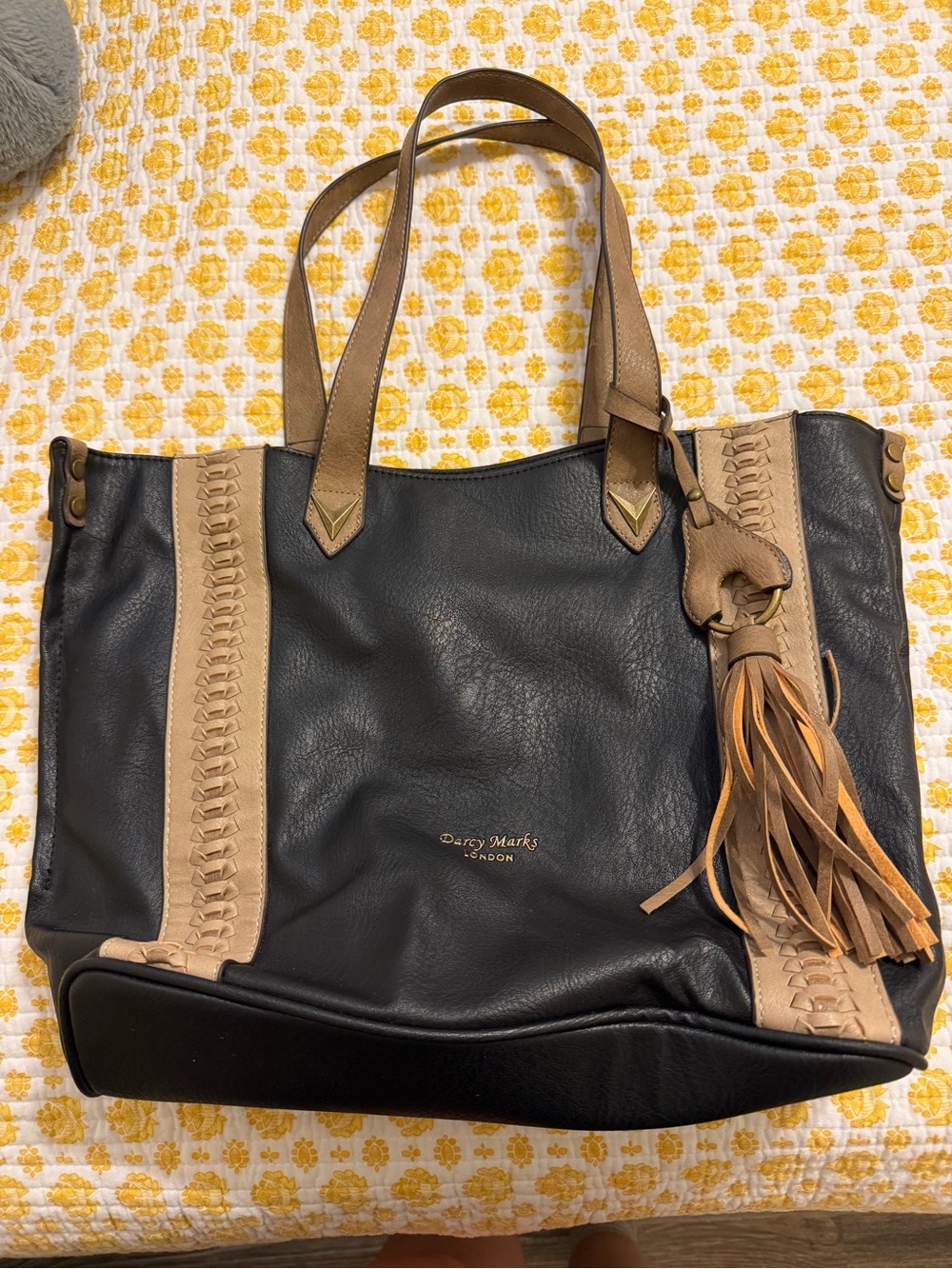 Darcy Marks Black and Tan Tote with Tassel Accent